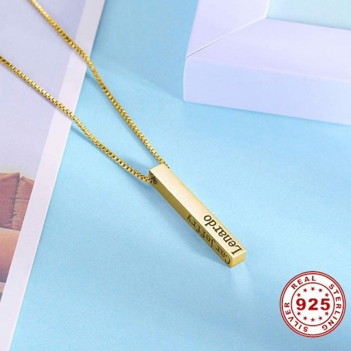 Gold Four Sides Engraving Personalized Square Bar Name Necklace | Gold
